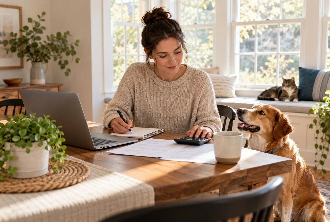 Owner using a calculator at home with a dog and cat nearby